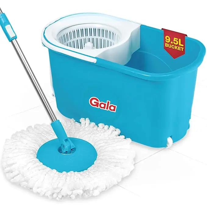 GALA E-QUICK SPIN MOP, EASY WHEELS & BIG BUCKET WITH 2 MICROFIBER REFILLS, FLOOR CLEANING MOP WITH BUCKET, POCHA FOR FLOOR CLEANING, MOPPING SET (WHITE AND BLUE)