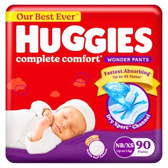 HUGGIES BABY DIAPERS, XS (0-5 KG), 90 COUNT